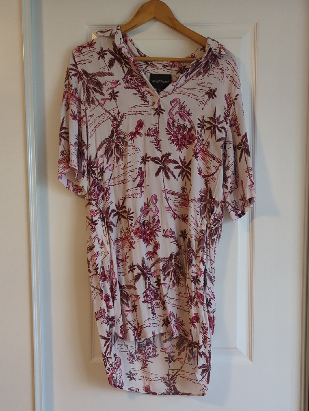 Velvet Heart Cream Shirt with Pink and Brown Tropical Print - Medium